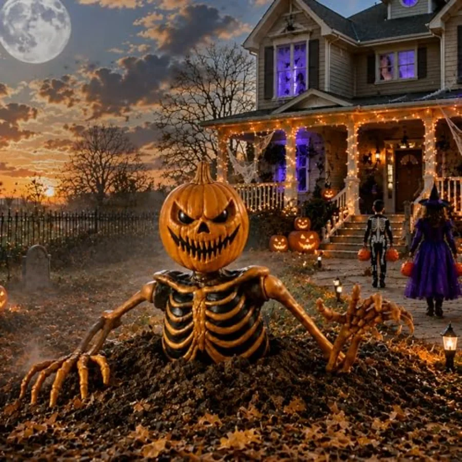 35 Groundbreaking Pumpkin Skeleton, Outdoor Halloween Yard Decorations, Weather-Resistant Plastic, Orange and Black, Lightweigh
