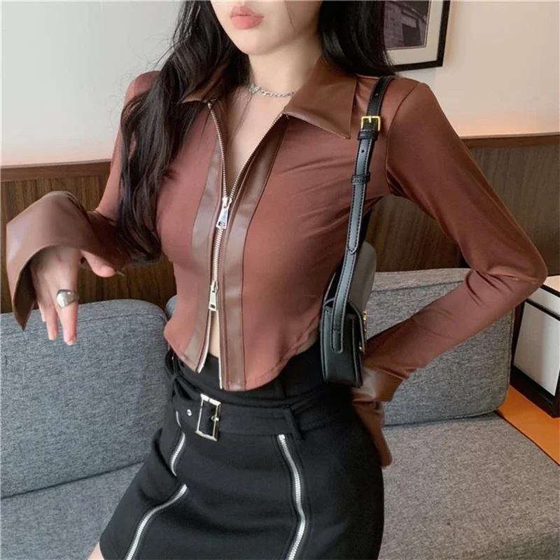 

Elegant Long Sleeve Black Shirts Women 2025 Korean Fashion Casual Leather Patchwork Ladies Streetwear y2k Crop Tops and Blouses