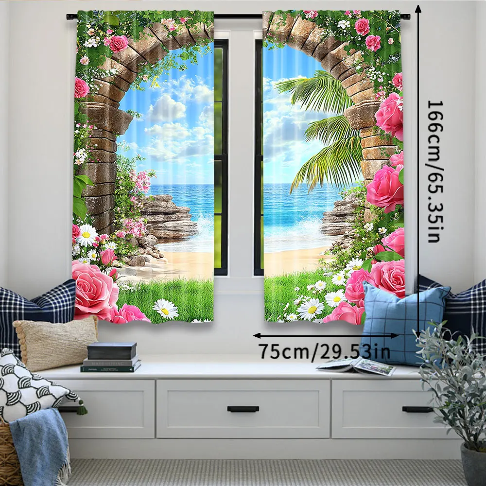 2 uds vista de cielo azul cortinas de playa flores arco de piedra paisaje cortinas de playa se aplican a la sala de estar dormitorio tienda de Hotel
