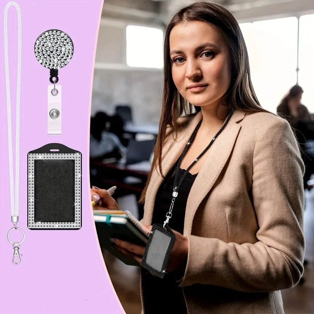 

Bling ID Holder with Lanyard Rhinestone Decorated Elegant Design Shiny Finish Badge Reel Easy Pull Buckle Durable