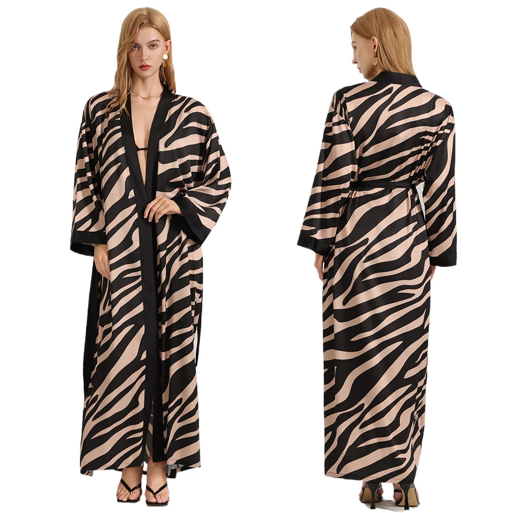 

Модная сексуальная шифоновая ночная рубашка с жемчугом Wildness для женщин, летняя женская ночная рубашка с длинными рукавами и рисунком зебры, длинная юбка, домашняя одежда