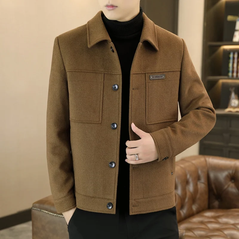 Winter Autumne Men Lambswool Blend Jacket Thick Thermal Fleece Lining Coats Turn Down Collar  Grey Khaki Tangerine Sizes 170-190