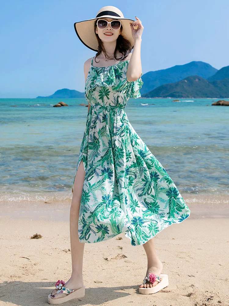 커플 플로럴 셔츠 세트 반팔 티셔츠 비치 휴가 섹시 비치 스트링 드레스 드레스 보일 스타일 미드 웨이스트 프린세스 스커트