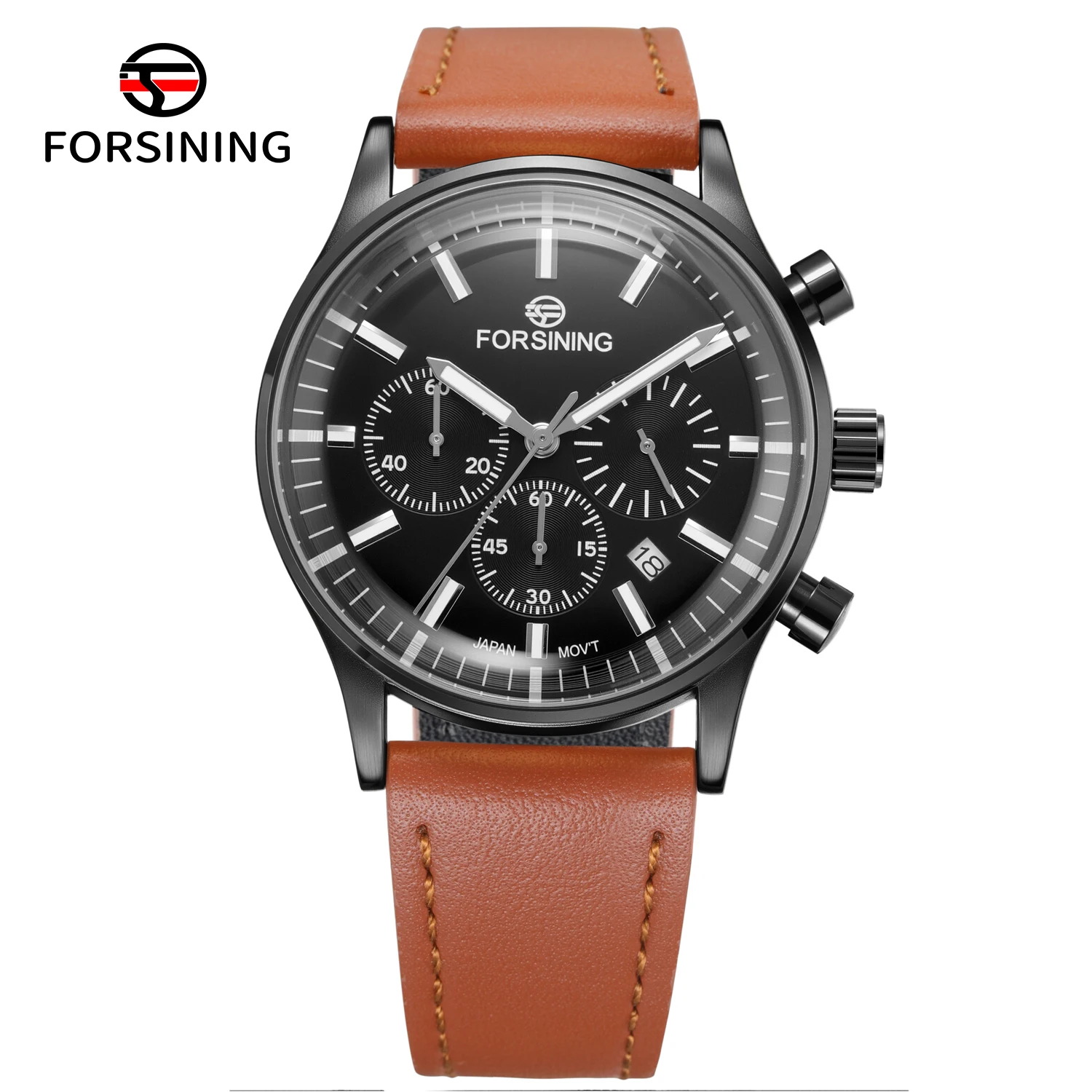 Forsining Original Factory Wholesale Men's Luxury Fashion Quartz Movement Wrist Watches Date Stop Watch Function Leather Band