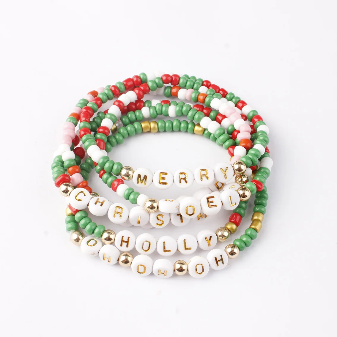 Merry Christmas Words Holiday Bracelets Women Handmade Gold Green White Red Mixed Beads Stretchy Jewelry Gifts
