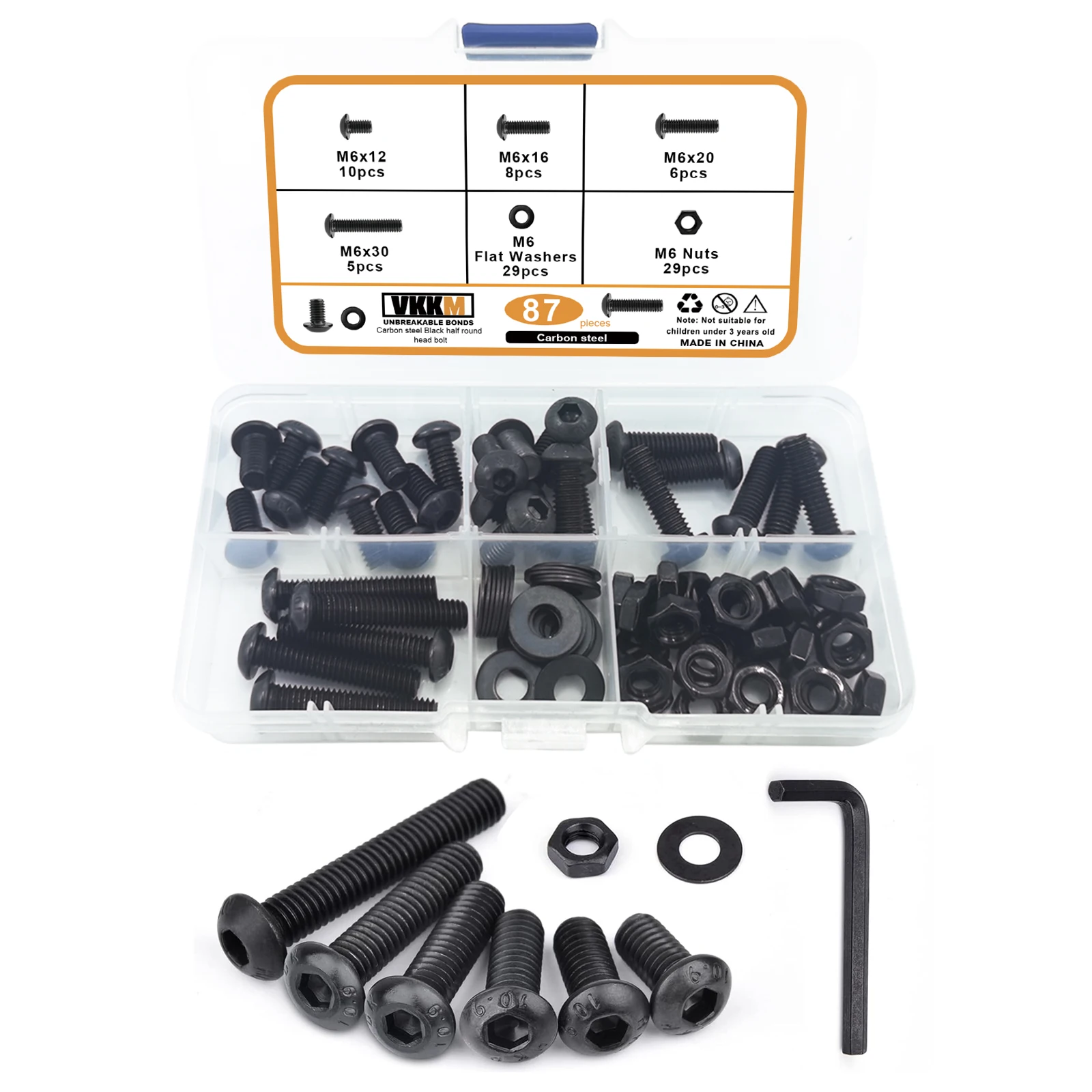 87Pcs Black Round Head Hex Head Screws, M6 Hex Head Screws And Nuts, Washer Sorting Kit, Allen Socket With Wrench.
