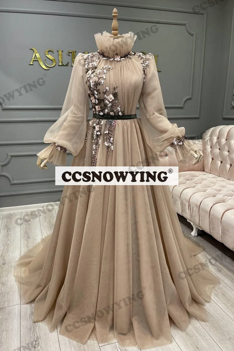 

Champagne Tulle Appliques Long Sleeve Muslim Evening Dresses Hijab Islamic Formal Party Gown High Neck Arabic Robe De Soiree