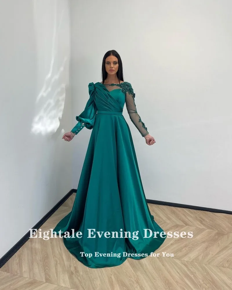 Eightale Green Evening Dress for Wedding Party Long Sleeves O-Neck Satin Appliques Beaded Dubai Customized Formal Prom Gowns