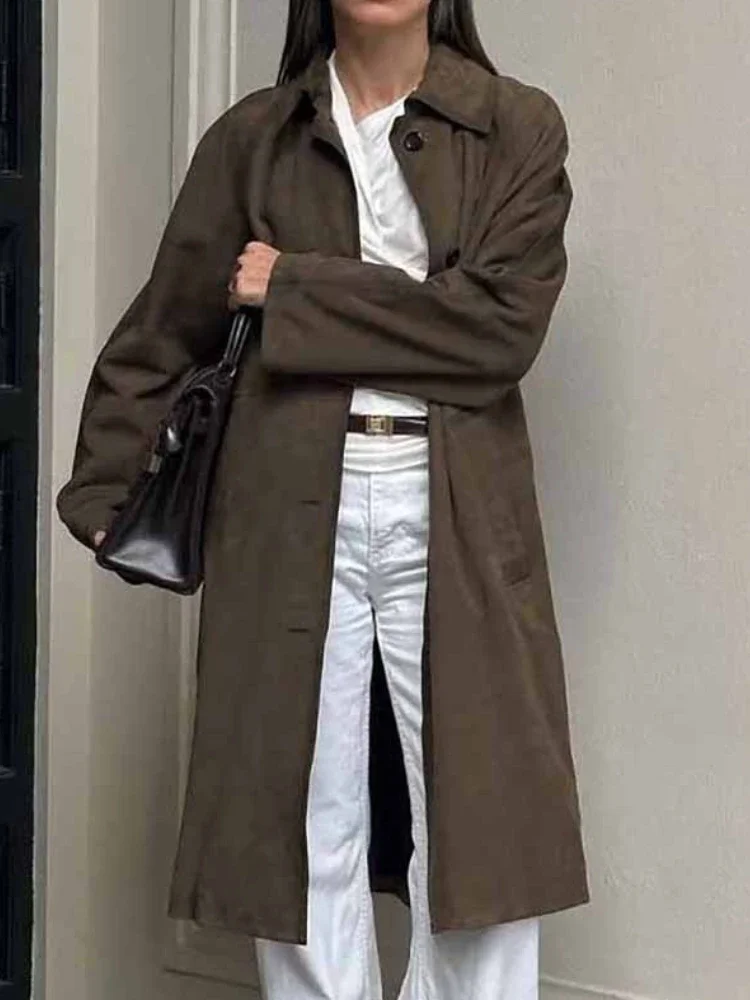 

New in Autumn Long Suede Jacket Women's Casual Versatile Retro European and American Brown Long-sleeved Tooling Trench Coat
