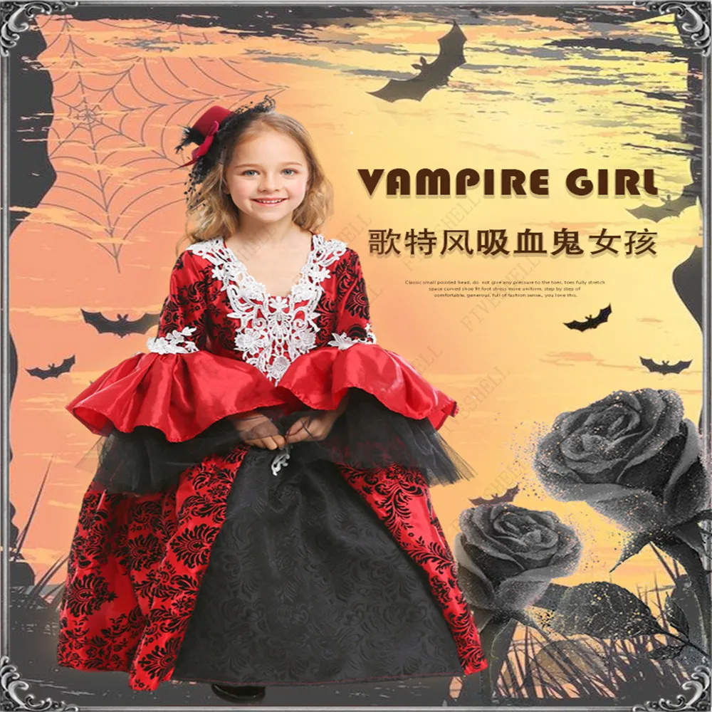 2023 Vampire Cosplay Girls Halloween costume for kids Lace Cape Long Dress Carnival Party Queen Collar Pirate Costumes Girls