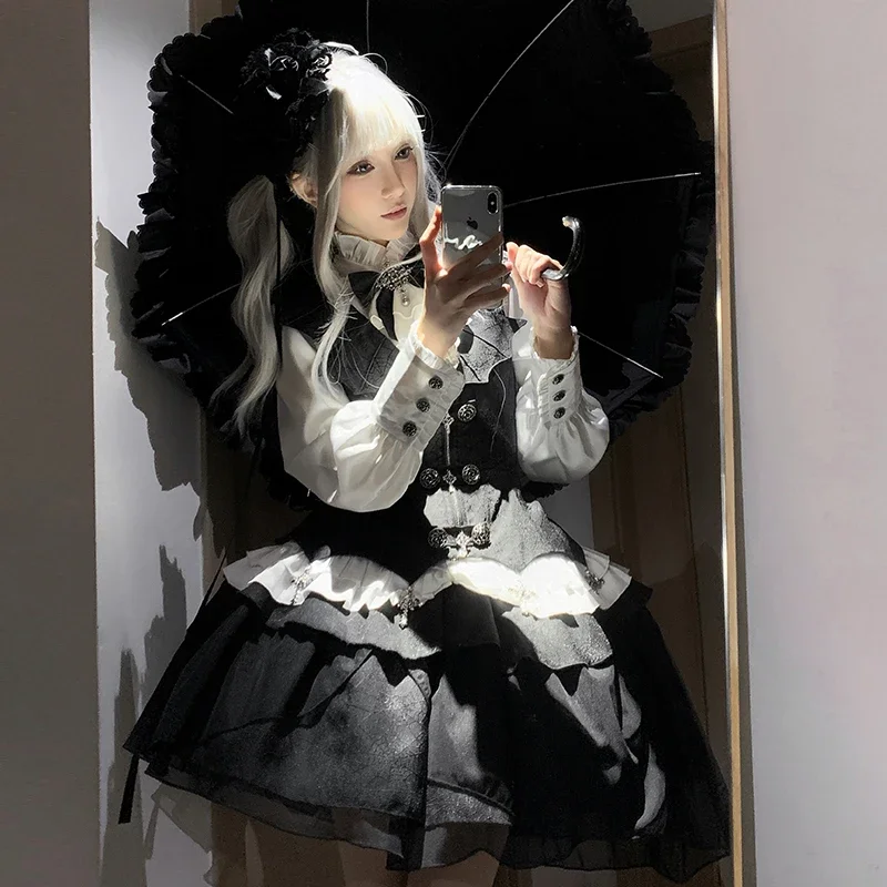 Roupa diária escuro goth lolita colete saia superior conjunto de correspondência primavera e outono 2025 japonês rojita 3 peça terno roupas femininas