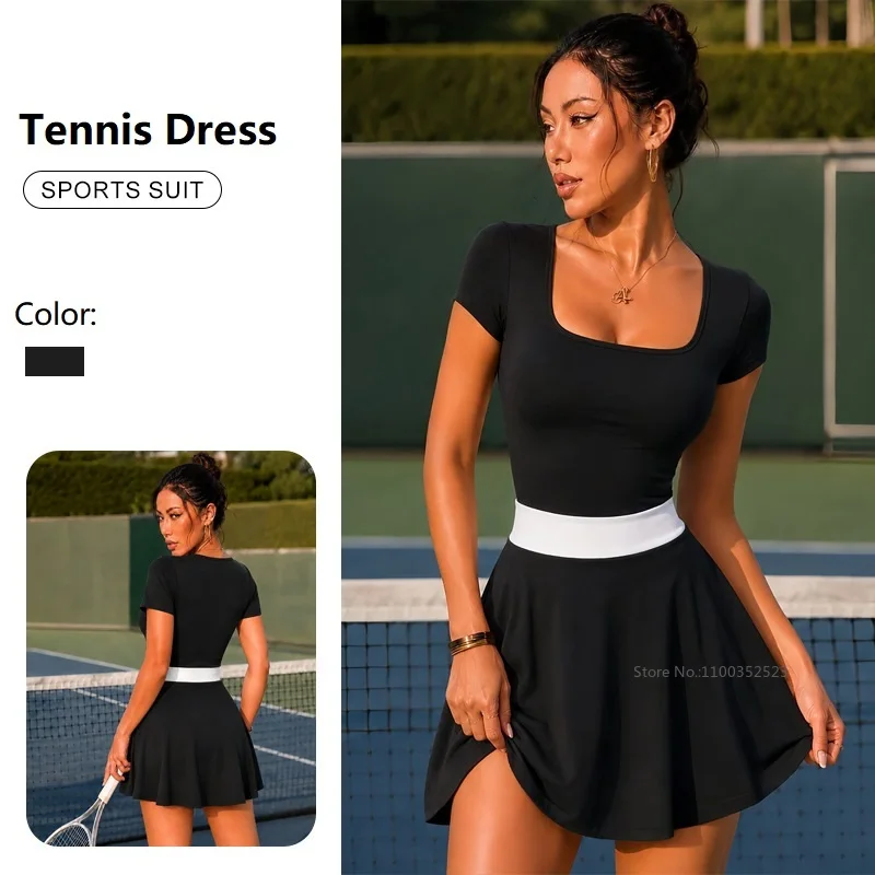 Women Short Sleeve Tennis Dress U-Neck Elastic Golf Dresses with Inner Short Ladies Quick-dry Slim Yoga Outfit New Arrival Skirt