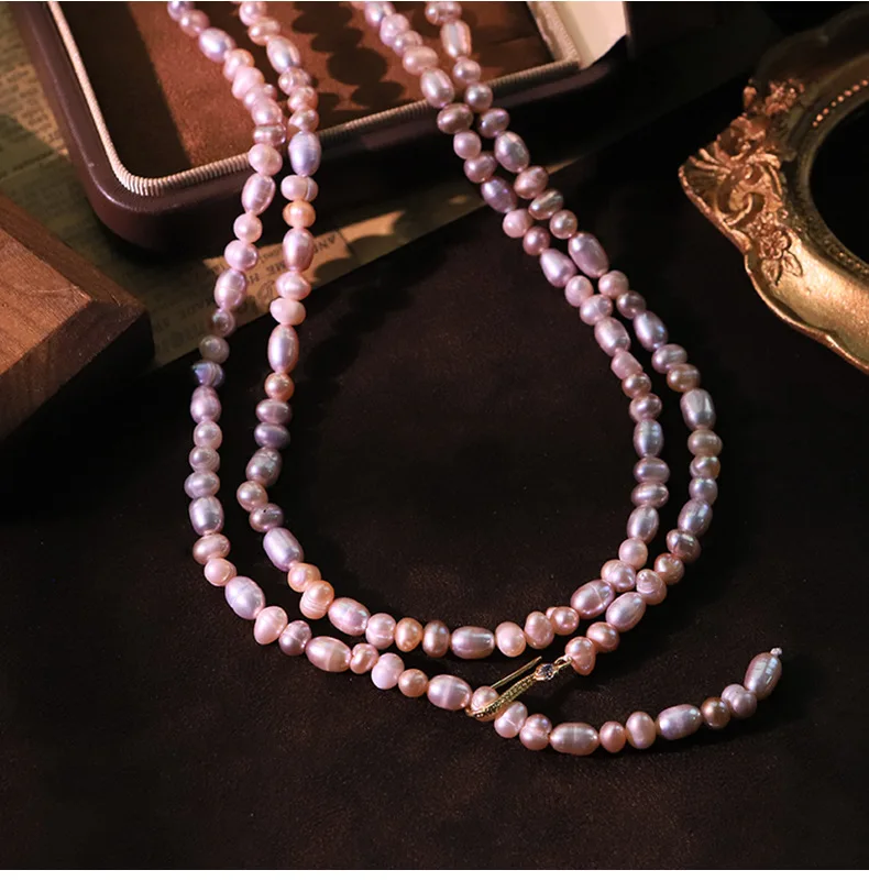

Fashion Natural Pinkish-Purple Pearl Long Necklace Luxury Sweater Chain Women Elegant Versatile Choker Collar Neck Jewelry Gift