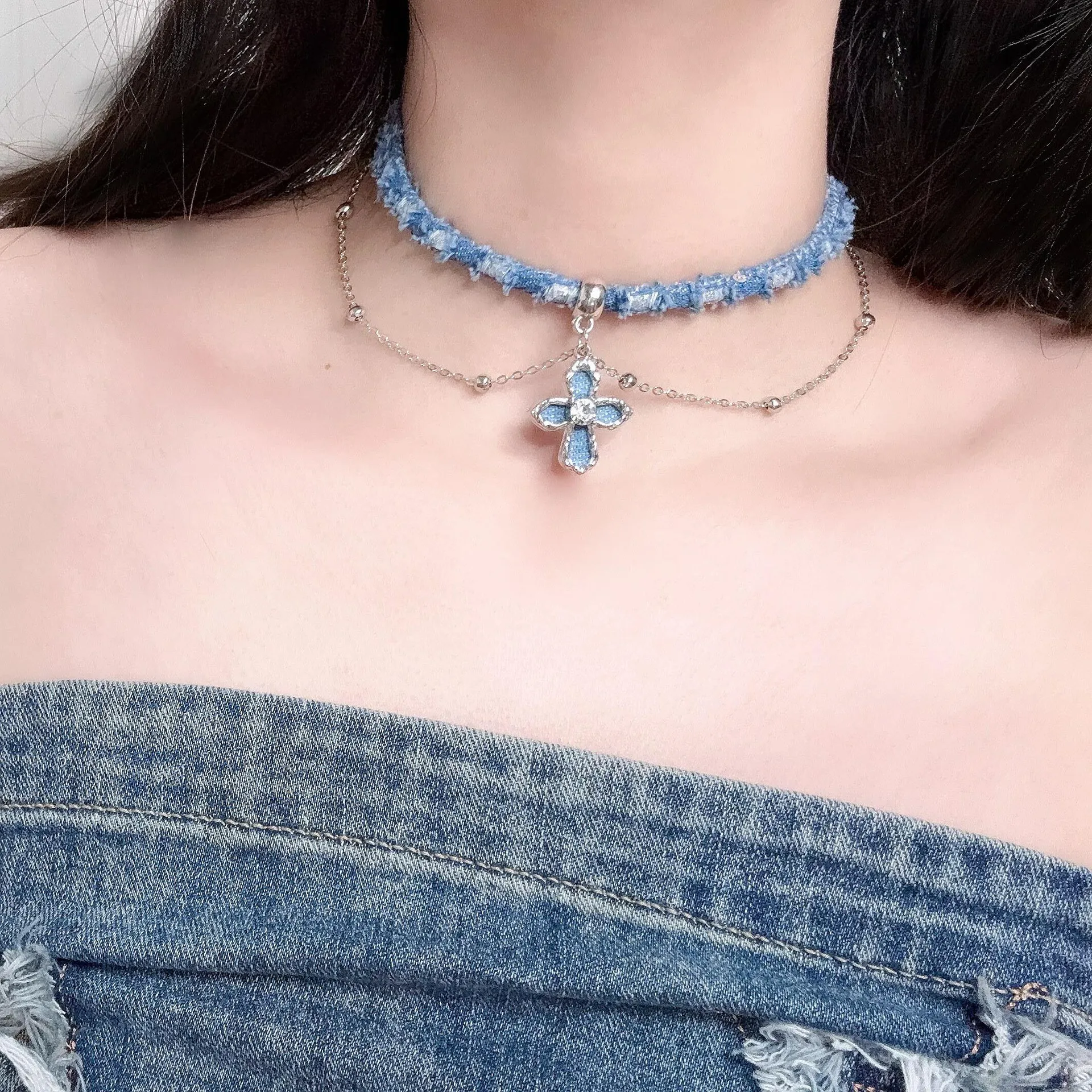 Premium Vintage Denim Butterfly Pendant Layered Choker Collarbone Necklace for Women Distressed Double Strand Daily Wear