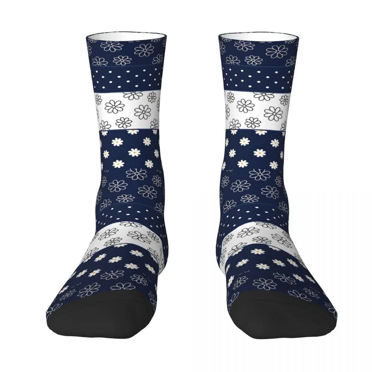 Navy Blue And White Simple Daisy Flower Pattern Socks Sports 3D Print Boy Mid-calf Sock