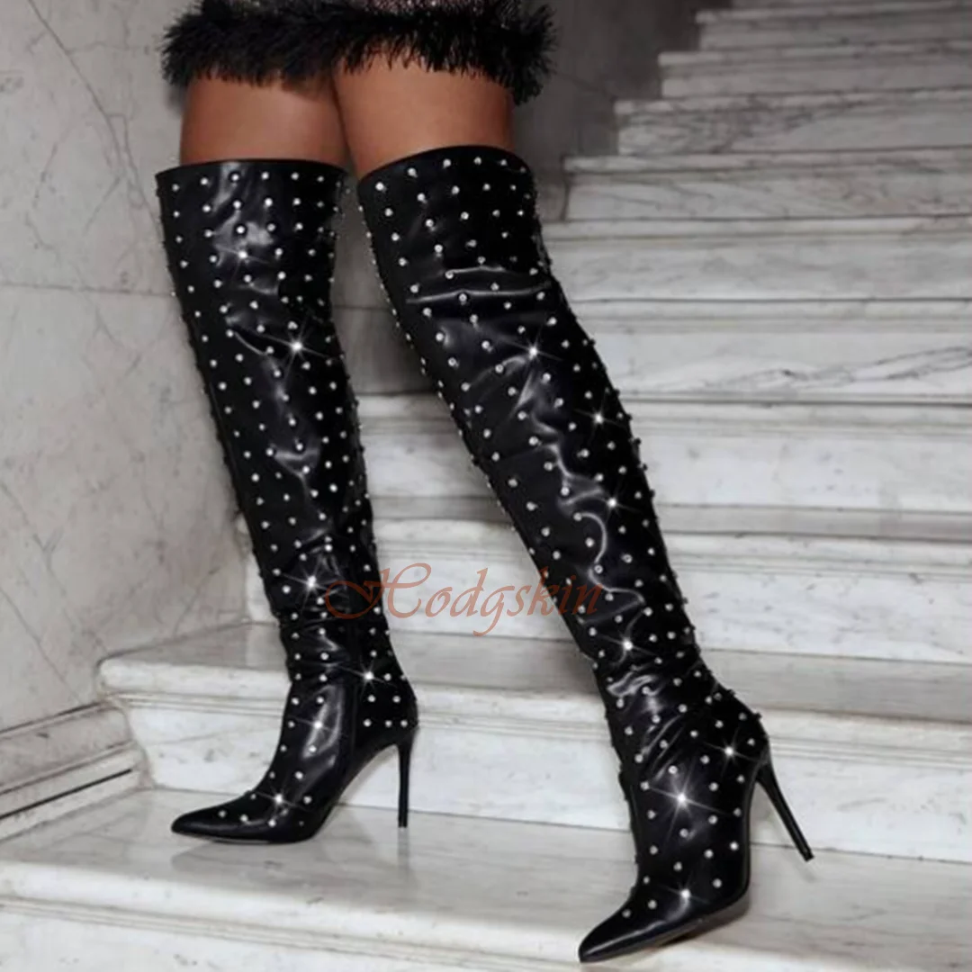 Rhinestone Thigh High Boots Pointy Toe Leather Stiletto Heels Side Zipper Stud Long Boots Women Sexy Shoes Winter Party Designer