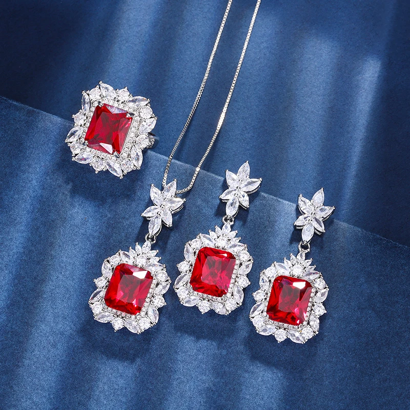 

EYIKA Charms Zircon Fusion Stone Created Ruby Flower Pendant Necklace Ring Drop Earrings Women Wedding Brazil Fine Jewelry Set