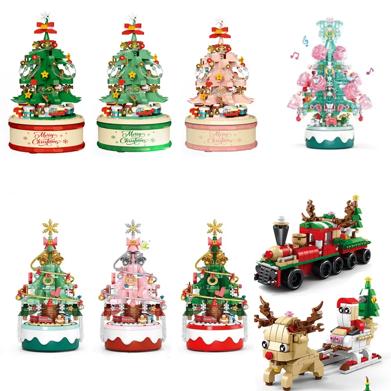 

Мини-рождественская елка, музыкальная шкатулка MOC, строительные блоки в сборе, Санта-Клаус/олень, орнамент, модель, кирпичи, игрушки, детские рождественские подарки