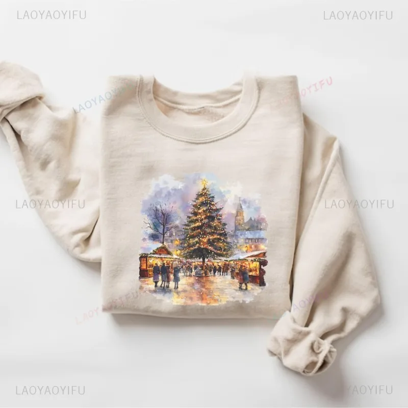 

Рождественский зимний деревенский свитшот в стиле ретро, зимний деревенский наряд, джемпер унисекс с круглым вырезом в стиле бохо, винтажный рождественский свитер с городом