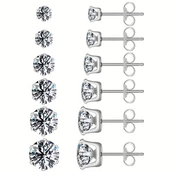 6pairs/set 3-8mm Stainless Steel Stud Earrings With Sparkling Hypoallergenic Cubic Zircon For Men And Women