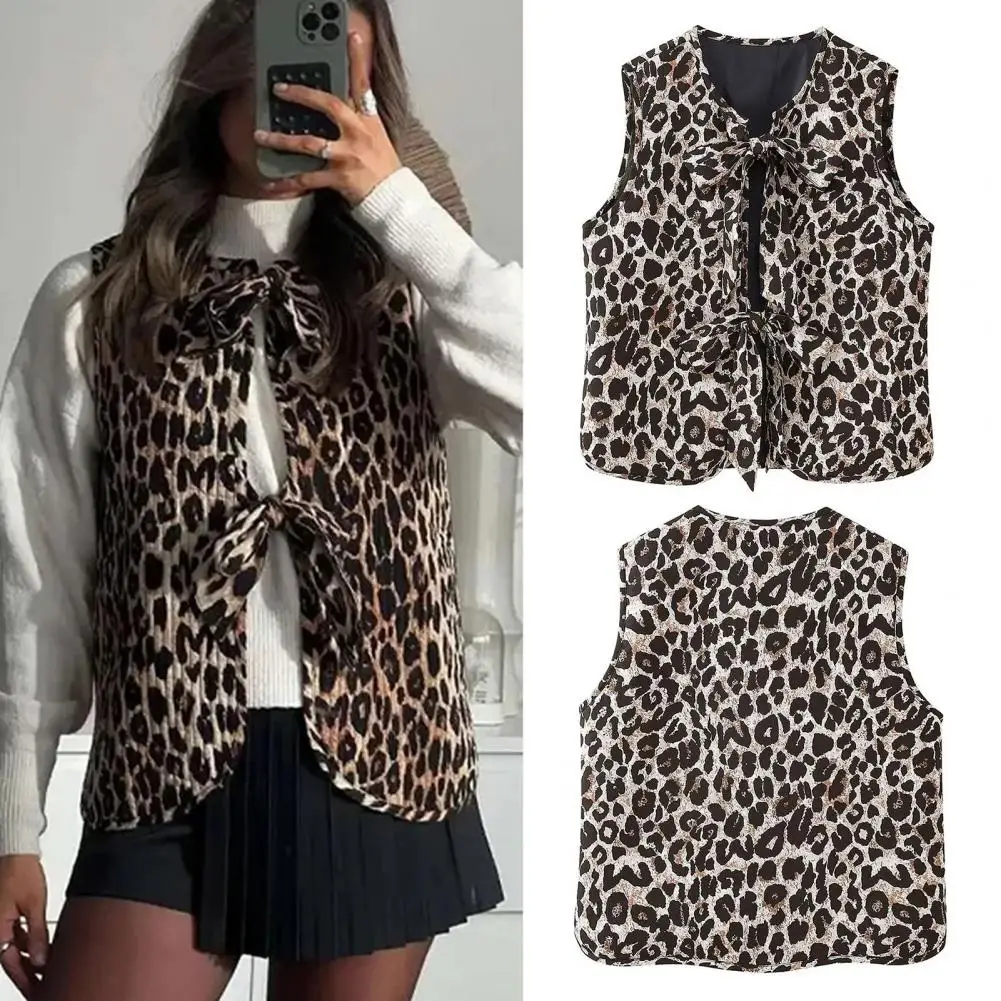 

Vest Lace-up Knot Decor Leopard Print Slim Fit Sleeveless Casual Round Neck Cardigan Lady Waistcoat Club Party Vests For Women