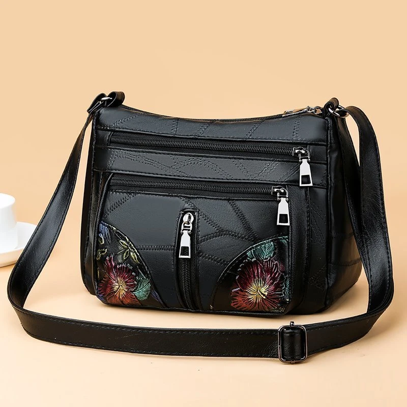 Luxury Soft Leather Women Messenger Shoulder Handbags And Purses Flowers Multi-pocket Crossbody Mommy Bag Ladies Sac