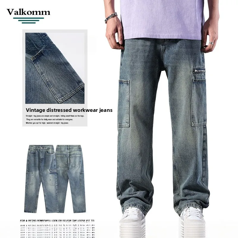 

【Mirrordust】Мужские американские уличные модные летние рабочие брюки2025 Мужские свободные прямые универсальные уличные повседневные джинсы