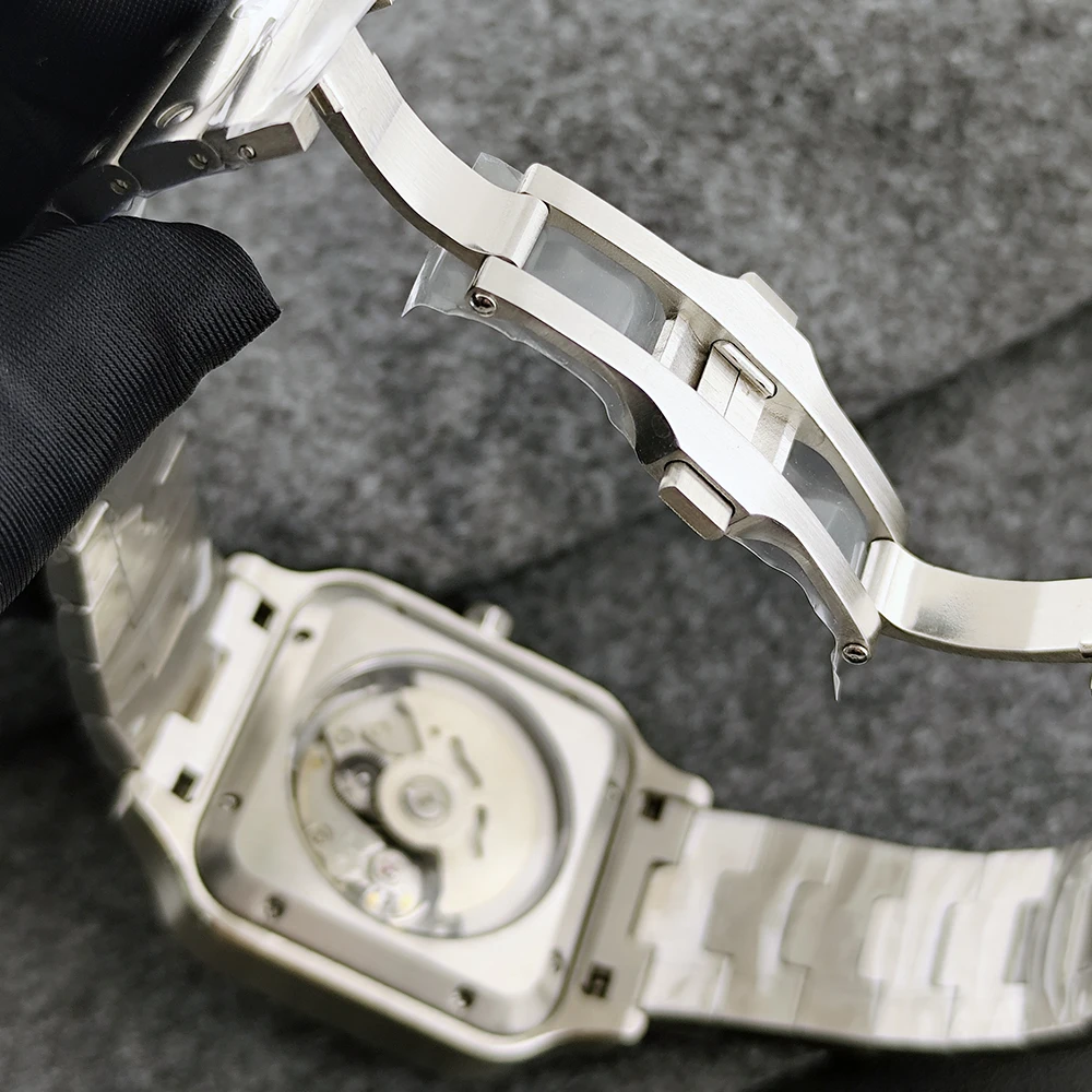 นาฬิกาข้อมือทรงเหลี่ยมรุ่นใหม่ NH35 นาฬิกา Time is Money ขนาด 27 มม. หน้าปัดโลโก้สั่งทำพิเศษ นาฬิกาผู้ชาย กลไก NH35 อุปกรณ์เสริมนาฬิกา