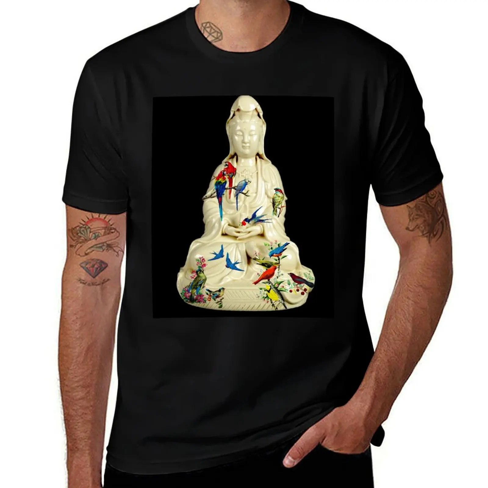 Camiseta Quan Yin Kwan Yin Kuan Yin com pássaros, casual, respirável, manga curta