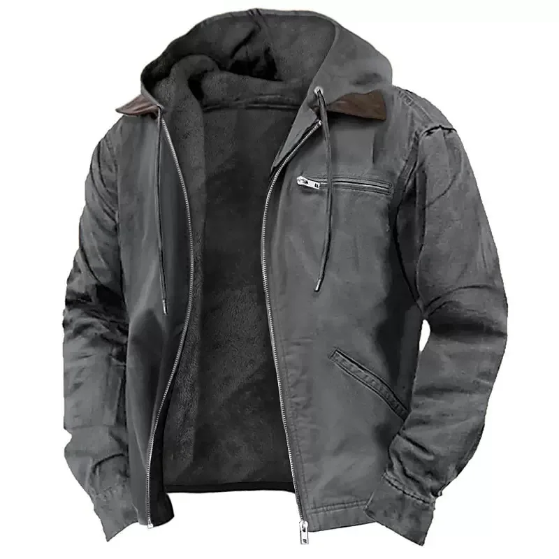 

Autumn and Winter Fashion Solid Color Thickened Warm Hooded Workwear Jacket for Men Loose Sports Large Size High Quality Coat