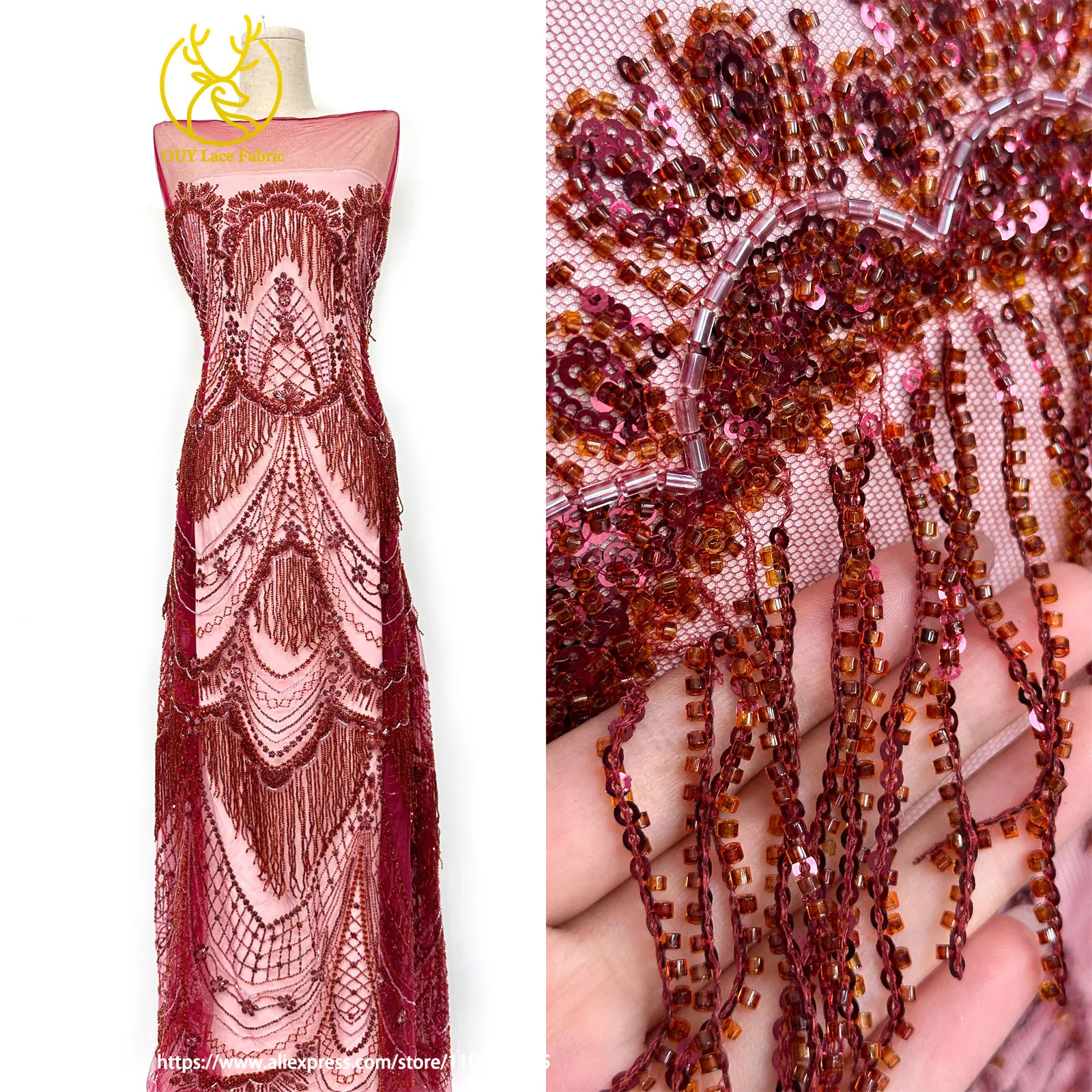 3D Luxuriöser Afrikanischer Handgefertigter Perlen-Spitzenstoff 2026 Französischer Nigerianischer Pailletten-Spitzenstoff für Brautkleider und Hochzeitskleider – Detail 7