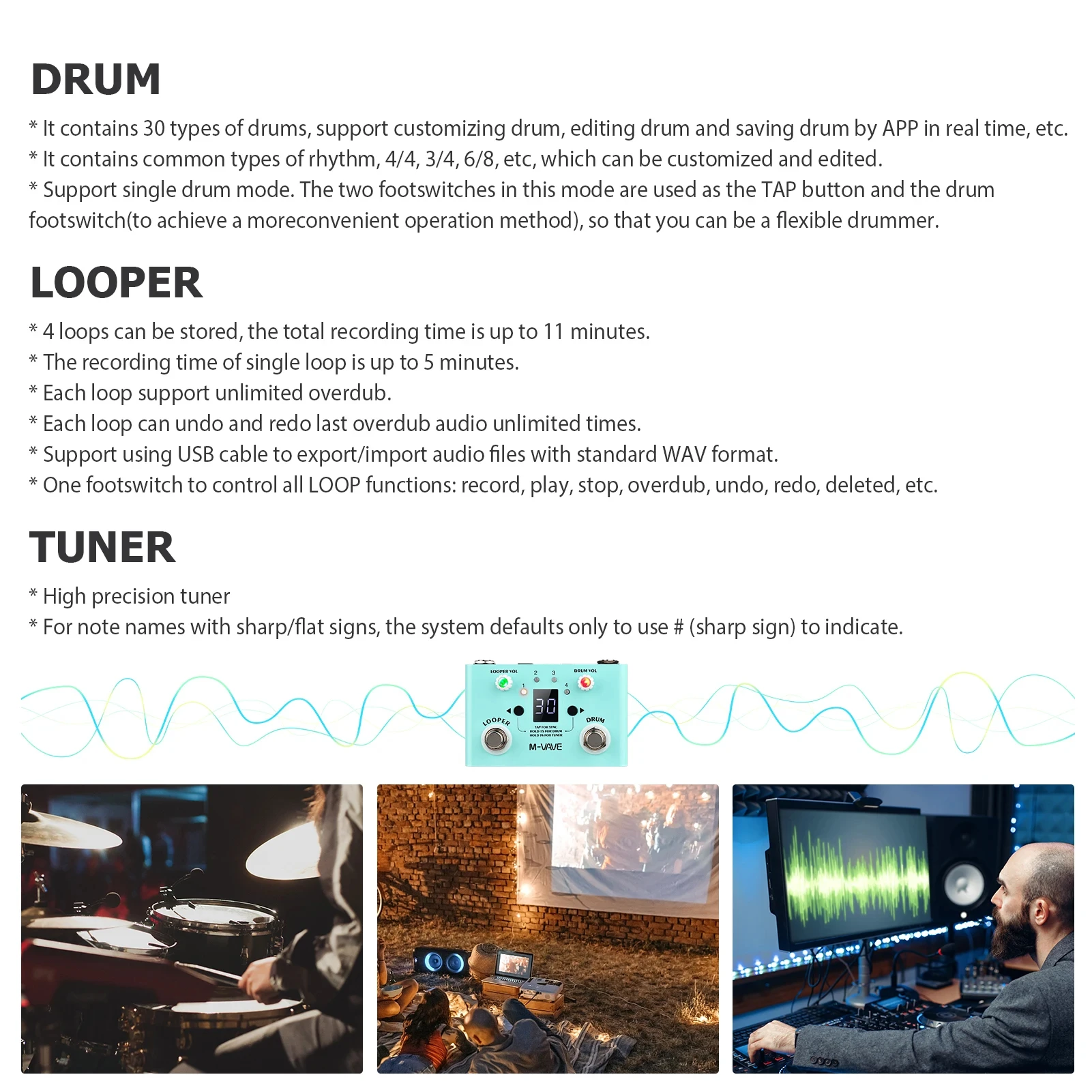 M-vave Lost Tempo Drum Machines & Looper Pedal Built-in 30 Drums 11 Mins Recoding Time High Precision Tuner Guitar Effect pedal image 5