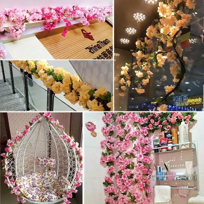 Artificial Leaf Cherry Blossom Vine Air Conditioning Pipe Decoration 3 Pieces Room Home Outdoor Wedding Party Pink