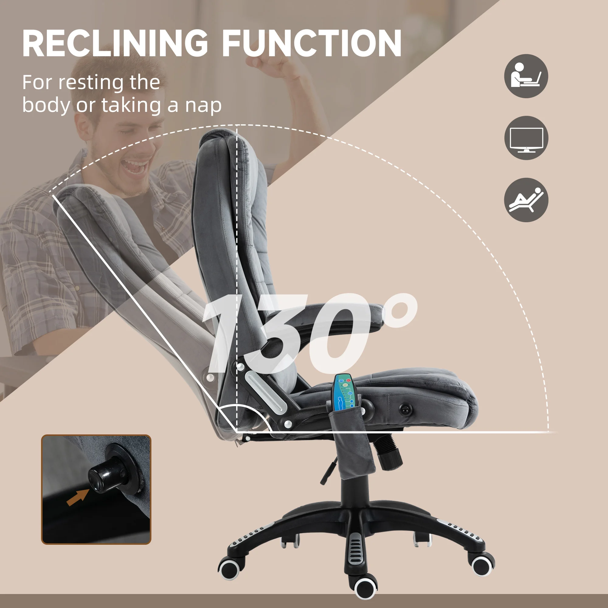 Vinsetto Office Chair with Heating Massage Points Relaxing Reclining, Grey
