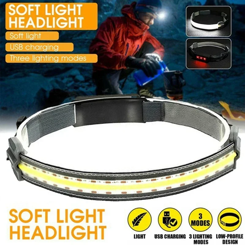 

Super Bright COB LED Headlamp USB Rechargeable Headlight Wide Beam Flood Light Outdoor 3 Modes Head Lamp Waterproof Head Torch