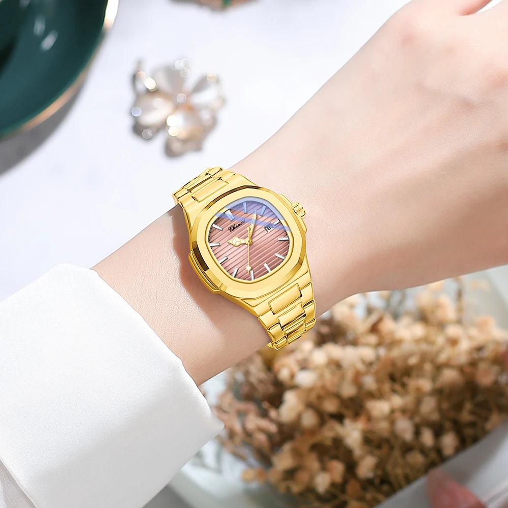 CHENXI Quartz Men Women Watches Golden Simple Steel Strip Couple Watch Night Light Waterproof Calendar Couples Wristwatches