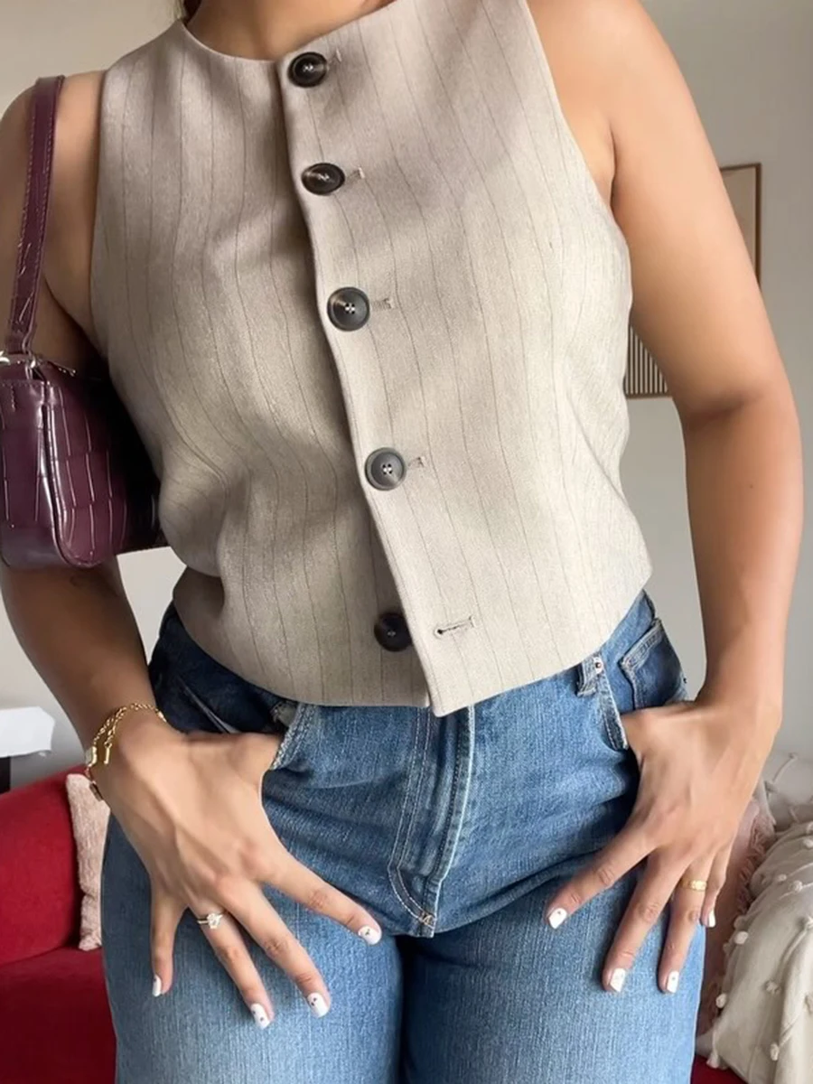 

Striped Pleated Wide Leg Pants Sets Summer New Crew Neck Single Breasted Sleeveless Vest Simple Casual Fashion Two-piece Set