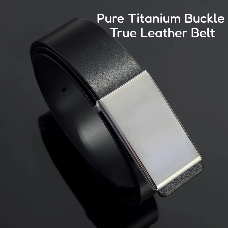 

3.45CM Width Genuine Leather Belt 3.7mm Width Pure Titanium Buckle Men Double-Layer Smooth Buckle Belt Cowhide Waist Belts
