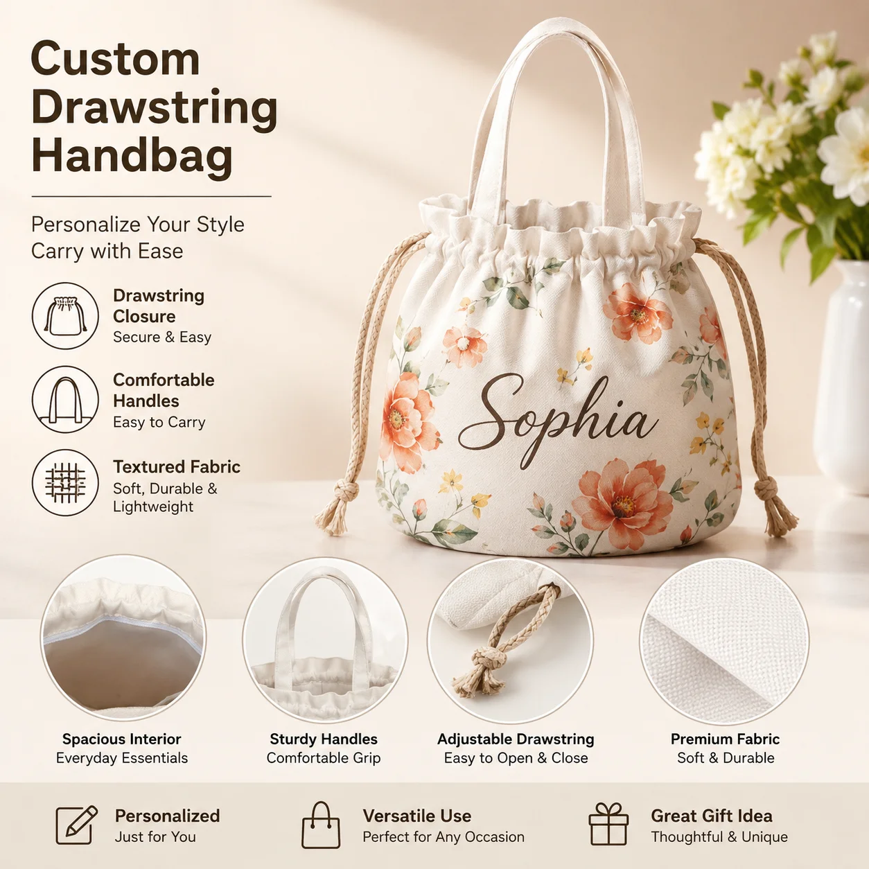 

Custom Photo Bucket Bag Personalized Drawstring Tote Bag for Women Travel Shopping Beach Bag with Name Picture