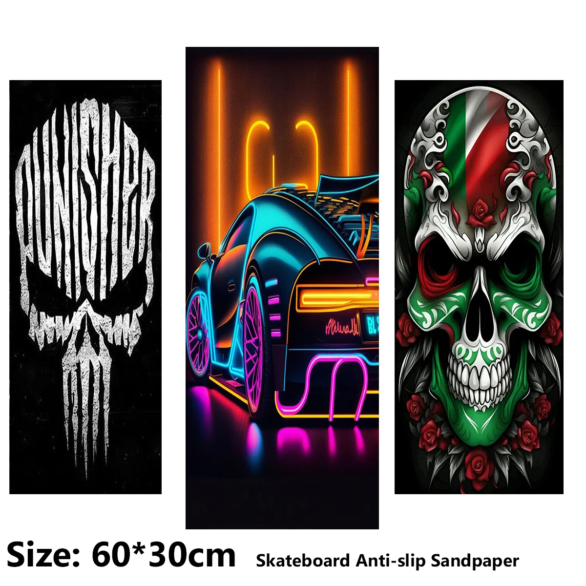 

Neon Colored Cool Sports Car Skull Pattern Electric Scooter Anti-slip Sticker Sandpaper Skateboard Grip Tape Sheet 60*30cm