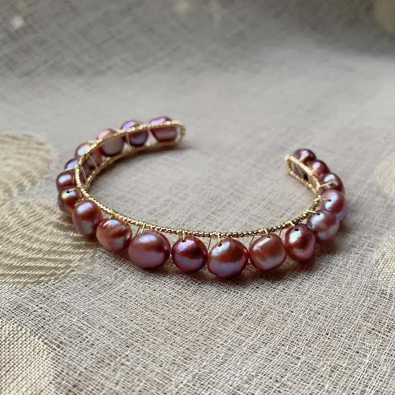 8-9mm Irregular Nuggets Shiny Purple Baroque Pearl Bracelet for Women Open Cuff Bangle Elegant Natural Freshwater Pearl Bracelet