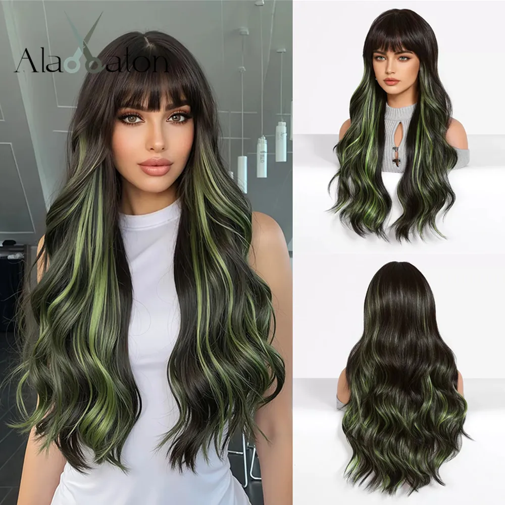 

ALAN EATON Black Synthetic Wig with Bangs Green Highlight Long Wavy Wigs Mixed Green Hair for Women Party Daily Heat Resistant