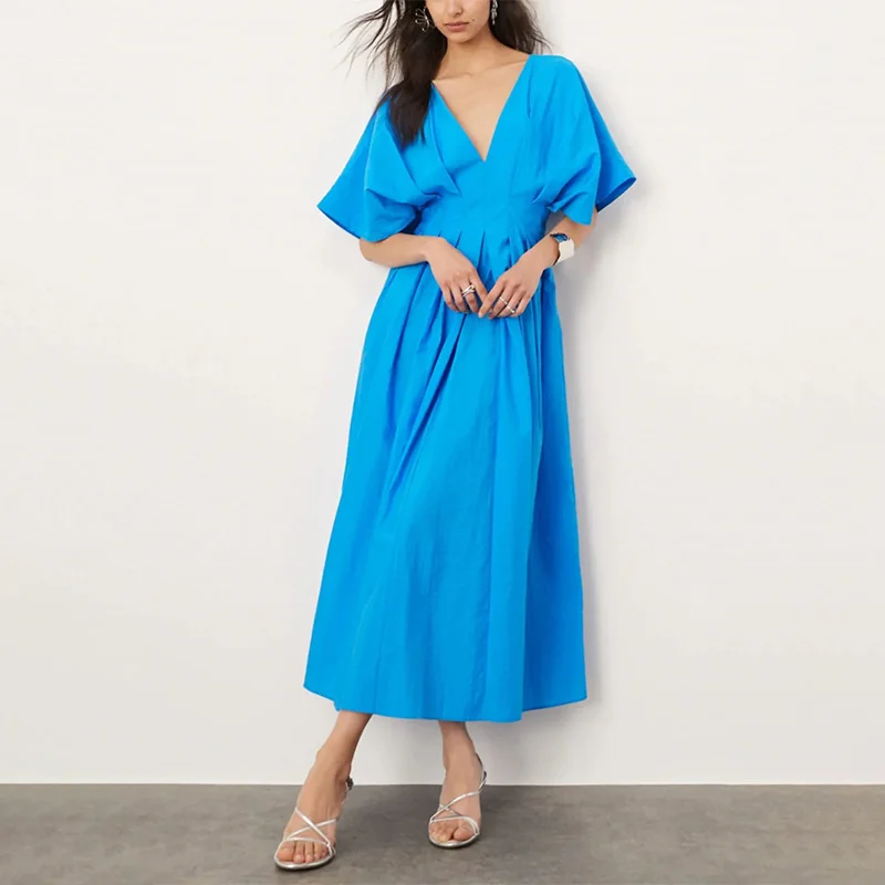 Robe plissée taille haute pour femme, col en V profond, robe de soirée élégante, manches mi-bouffantes, robe maxi, bleu, mode éducative, luxe, monochromatique