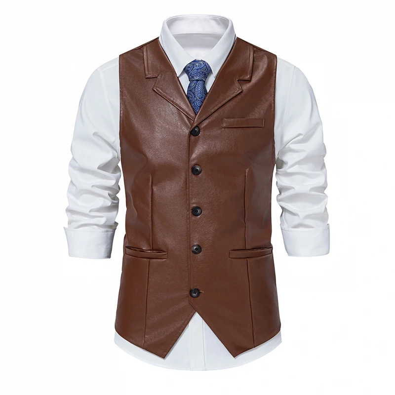 Vintage Leather Vest Men 2024 Lapel Sleeveless Casual Vest Waistcoat Men Business Dress Suit Vest XXL