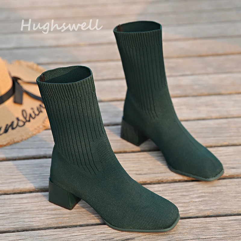 

Vintage Dark Green Square Toe Knitted Sock Boots Woman Elegant Block Heel Nude Khaki Mid-Calf Stretch Boots Spring Autumn