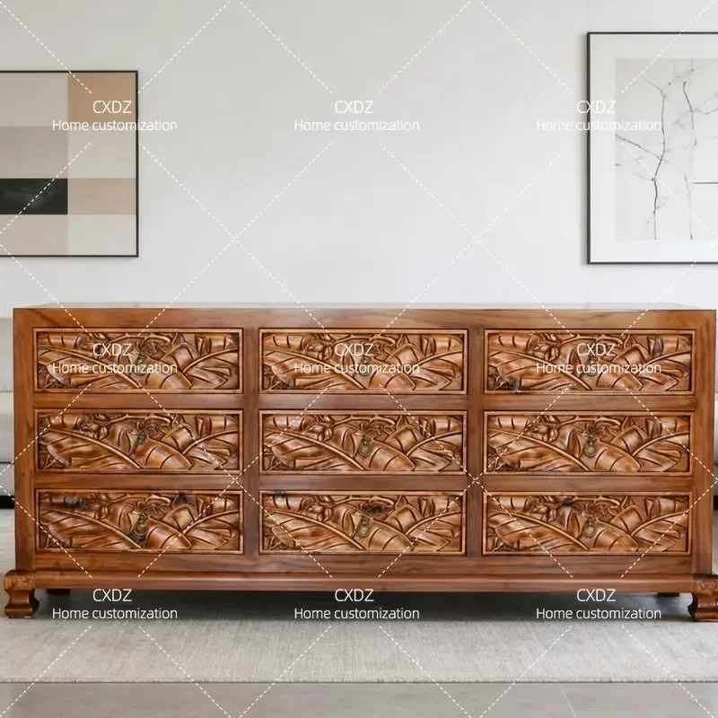 Solid Wood Nine Drawer Chest Cabinet Chinese Style Elm Carved Storage Cabinet for Porch Entryway Hallway Furniture DCB098-10
