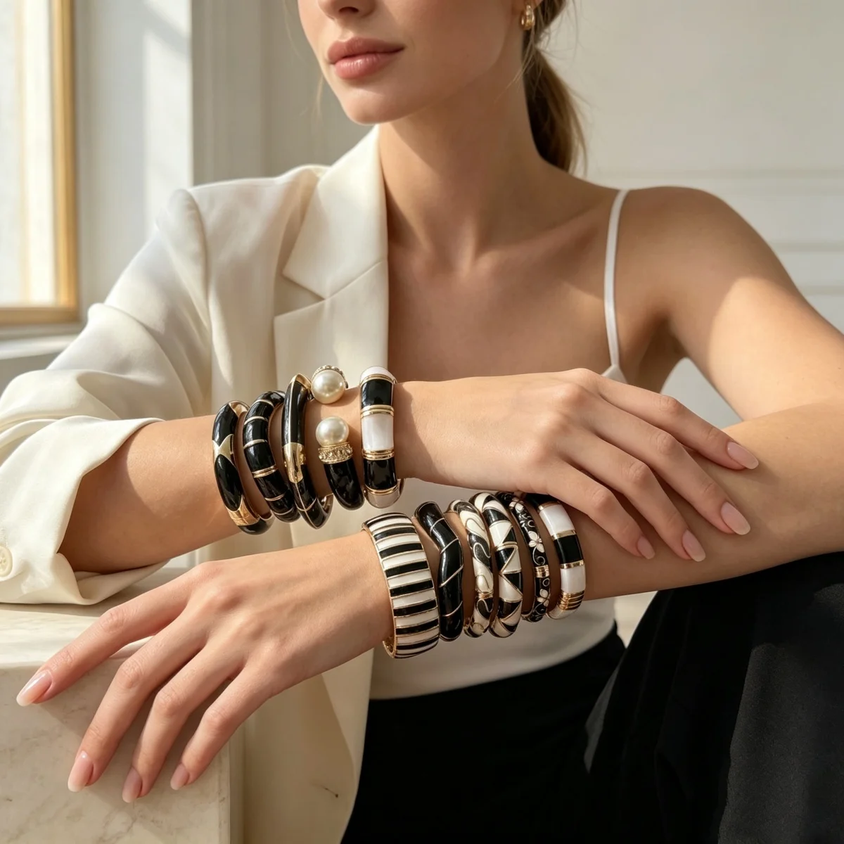 Vintage Schwarz-Weiß Gesplittete Emaille-Manschettenarmbänder für Damen und Herren, Punk Geometrisches Blumenmuster, Wellenförmiger Bambus-Gelenk-Armreif Schmuck – Detail 9