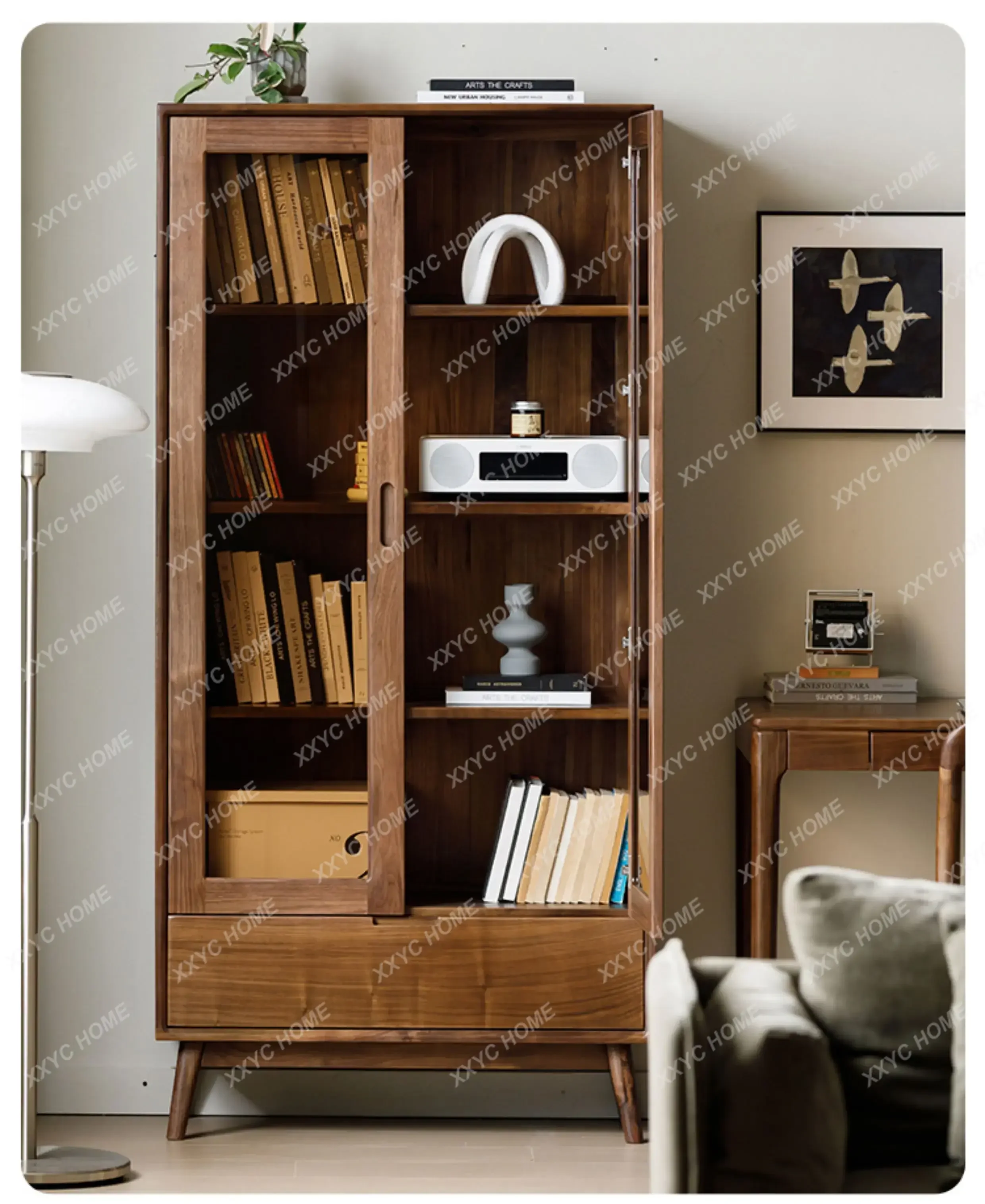 

Bookcase with glass storage floor rack integrated wall storage cabinet