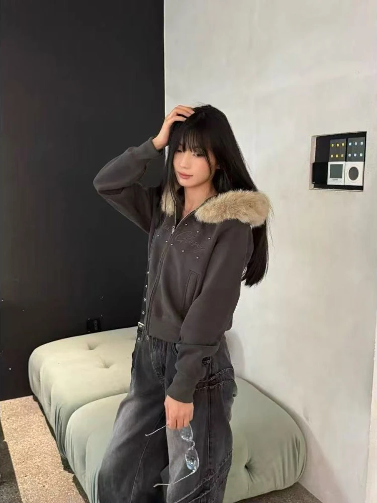 Vintage Y2K Zip Up Hoodie Women Detachable Fur Collar Cropped Rivet Decor Loose Fit Korean Fashion Casual Winter Outfit 2026