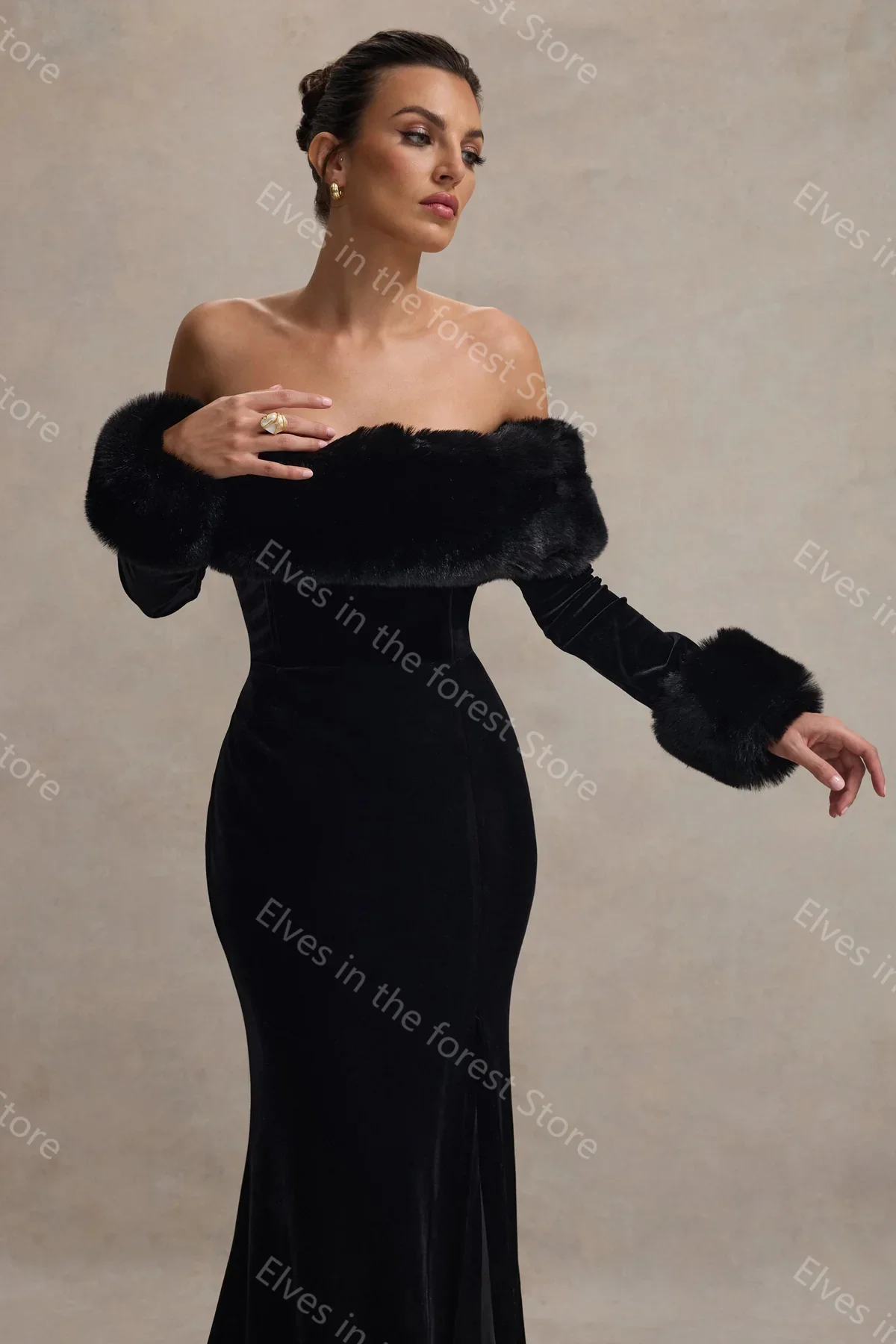 Simple Black Mermaid Evening Dresses Off Shoulder Warm Fur Women Prom Gowns Sexy Long Sleeves Side Split Wedding Guest Gowns